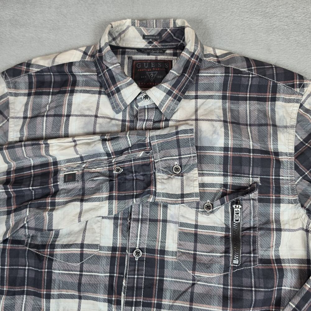 Guess American Tradition Plaid Button Up Shirt Men's Medium Gray Regular Fit